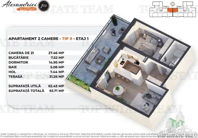 Zona Rahova, Apartament 2 camere, Terasa 31.26mp - foto 12
